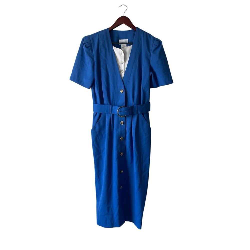 Vintage euro style suit midi dress blue linen feel with belt large